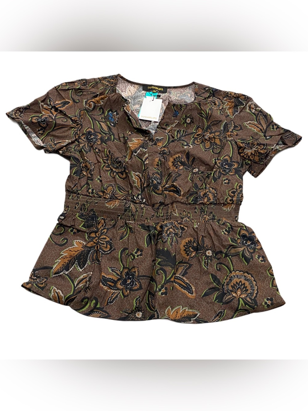 NEW StitchFix Sugarlips Desirae Floral Boho Peplum Cotton Blouse Size XL - Picture 3 of 9